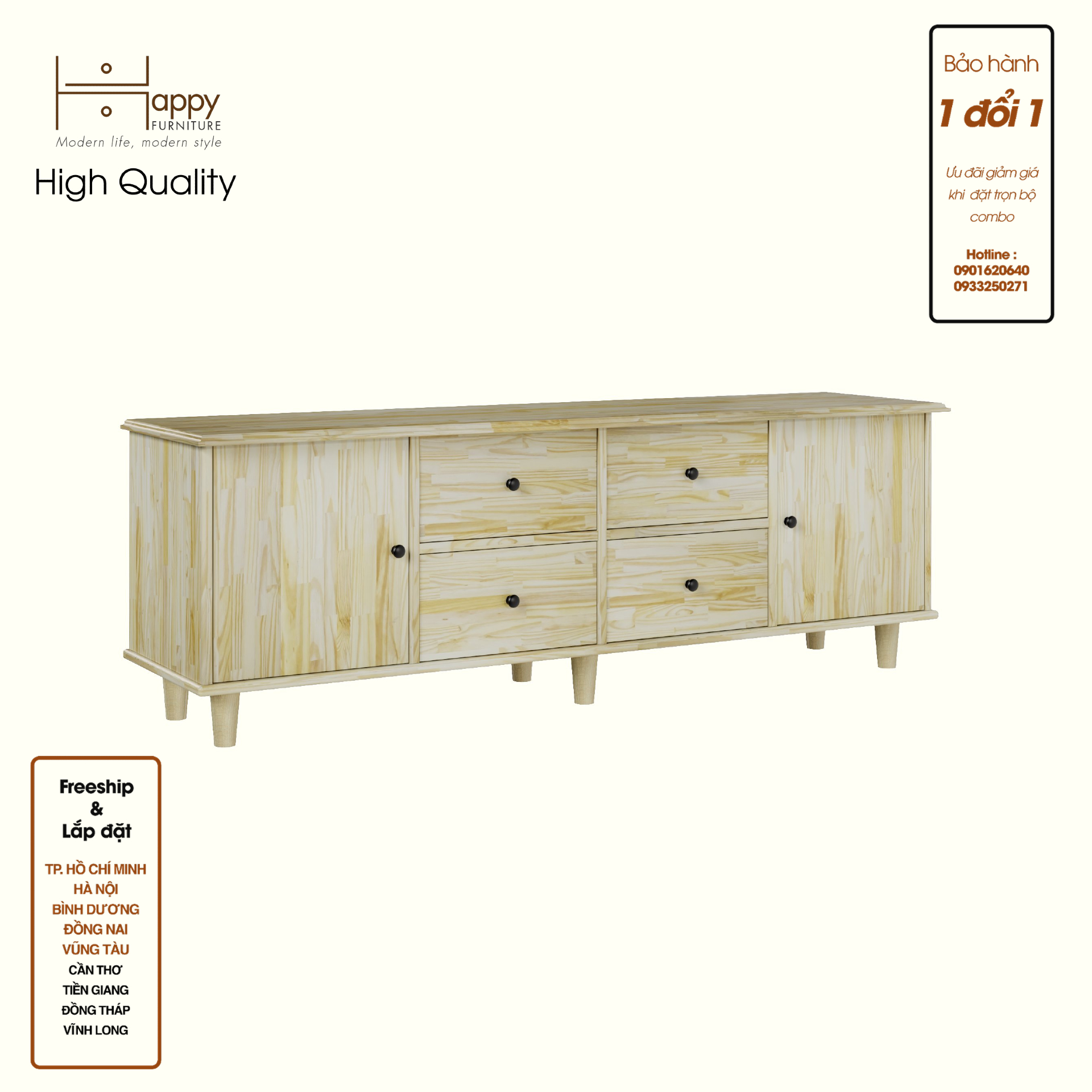 HAPPY FURNITURE , Gỗ tự nhiên , Kệ TV 2 cửa mở 4 ngăn kéo - FARAH , KTV_057 , 160x40x54cm