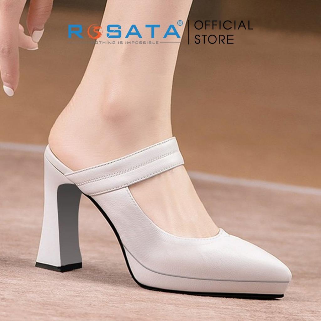 Giày cao gót nữ ROSATA RO466 mũi nhọn xỏ chân quai ngang gót vuông cao 8cm xuất xứ Việt Nam - ĐEN