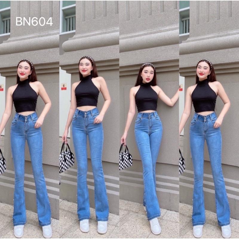 Quần Jeans Nữ, quần bò nữ ống loe dài đính nút gấu