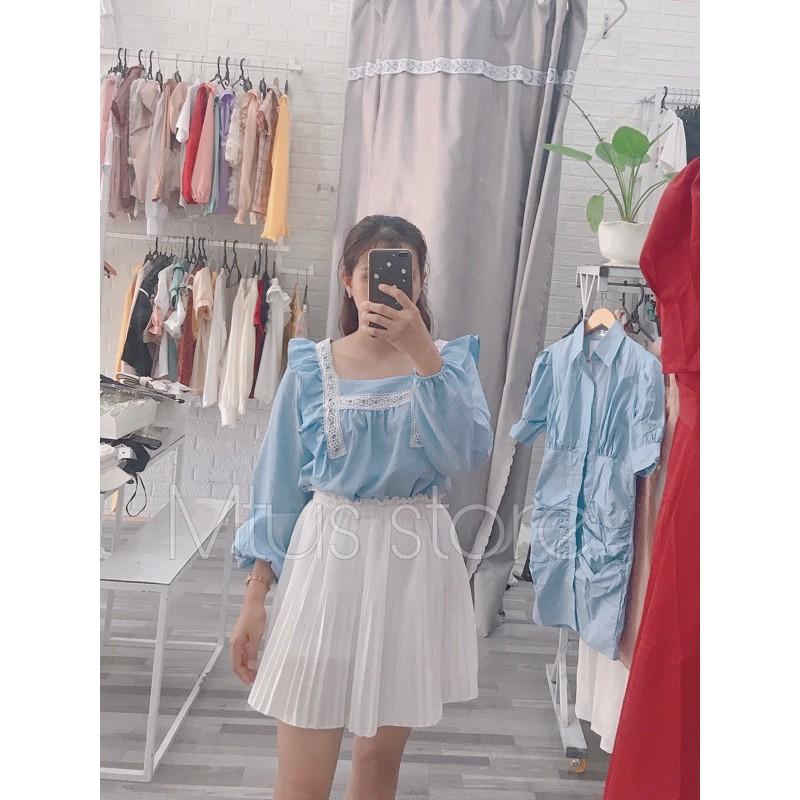 Áo sơ mi cổ vuông phối ren vai bèo