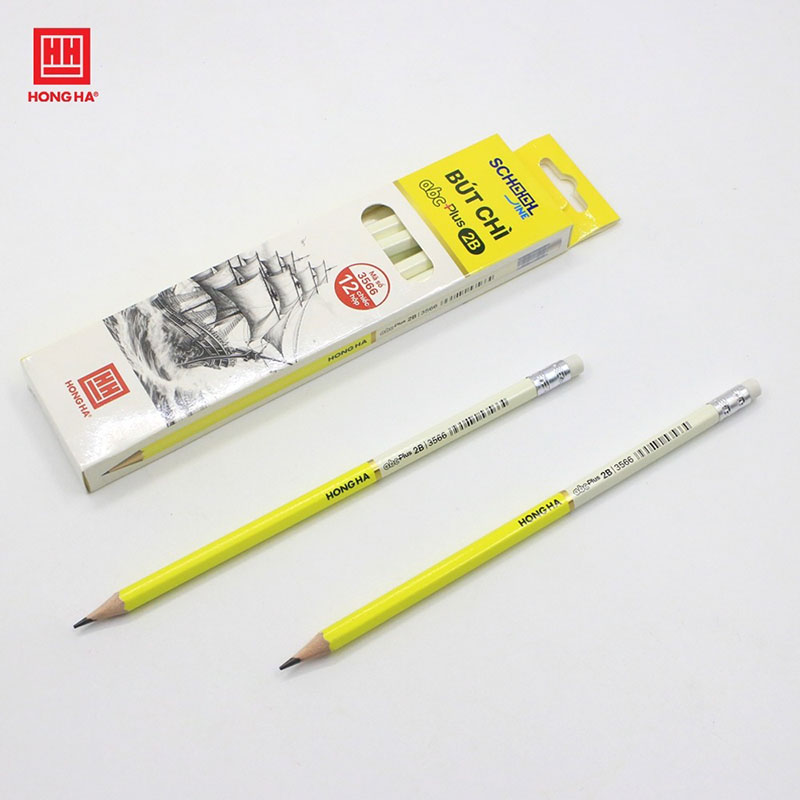 Hộp 12 bút chì gỗ 2B Hồng Hà kèm đầu tẩy  ABC Plus - 3566 chuyên dùng viết, vẽ phác thảo