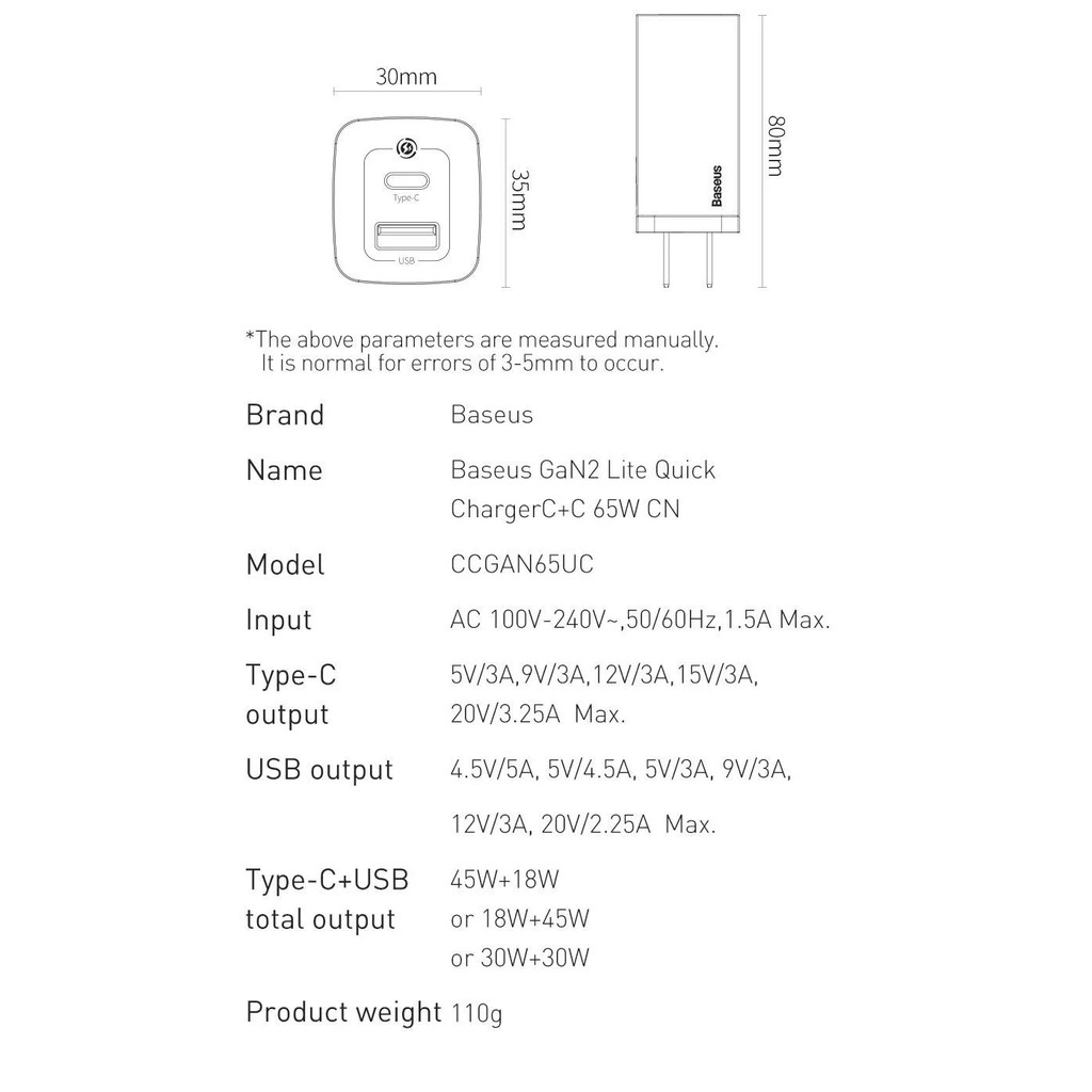 [ type_C + Usb ] Cốc sạc nhanh 65W 2cổng U+C Baseus GaN 2 Lite CCGAN65US _ Hàng chính hãng