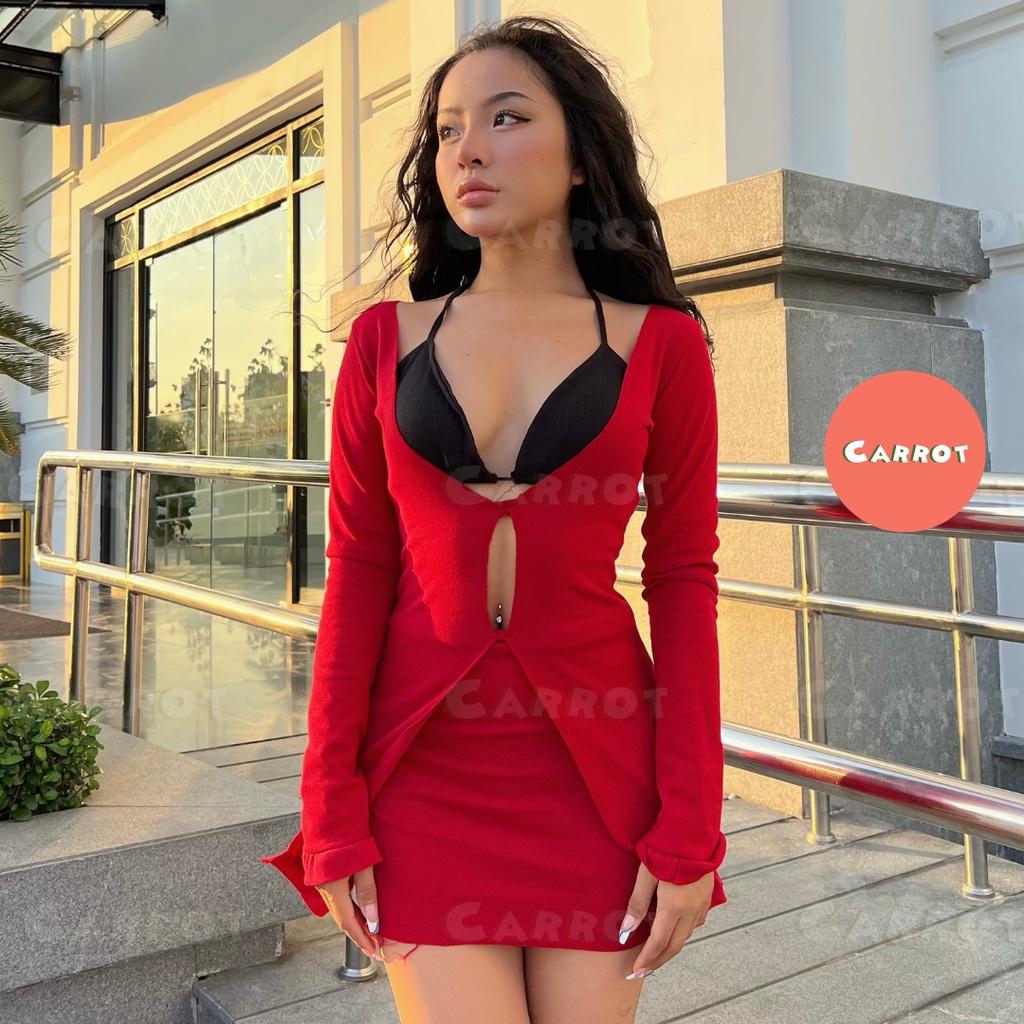Áo croptop tay dài thiết kế đỏ chân váy ôm body áo ngực trắng đen sexy carrotxinhdep chất vải co giãn đi biển đỏ