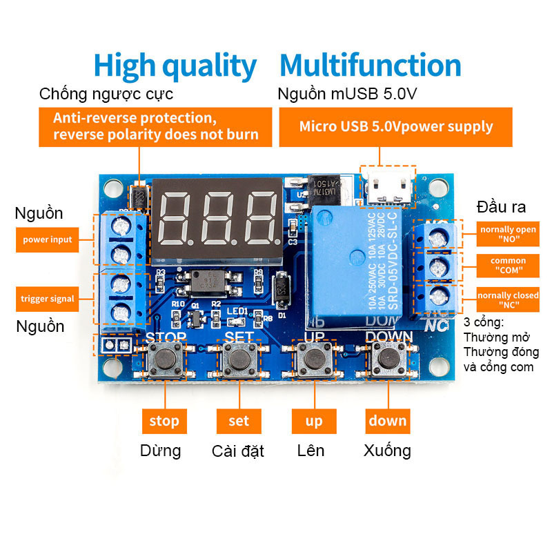 Module mạch Relay timer rơ le thời gian trễ XY-J02 tự động tắt, bật theo chu kỳ do ta cài đặt