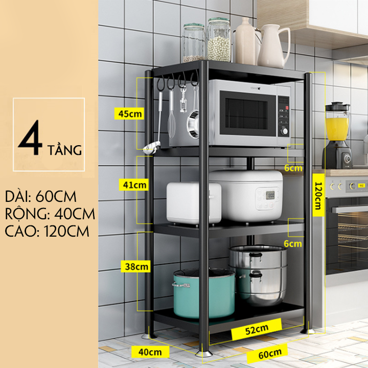 Kệ để lò vi sóng đa năng 4 tầng khung thép cacbon, Giá để đồ nhà bếp thông minh điều chỉnh lên xuống Tủ để đồ nhà bếp