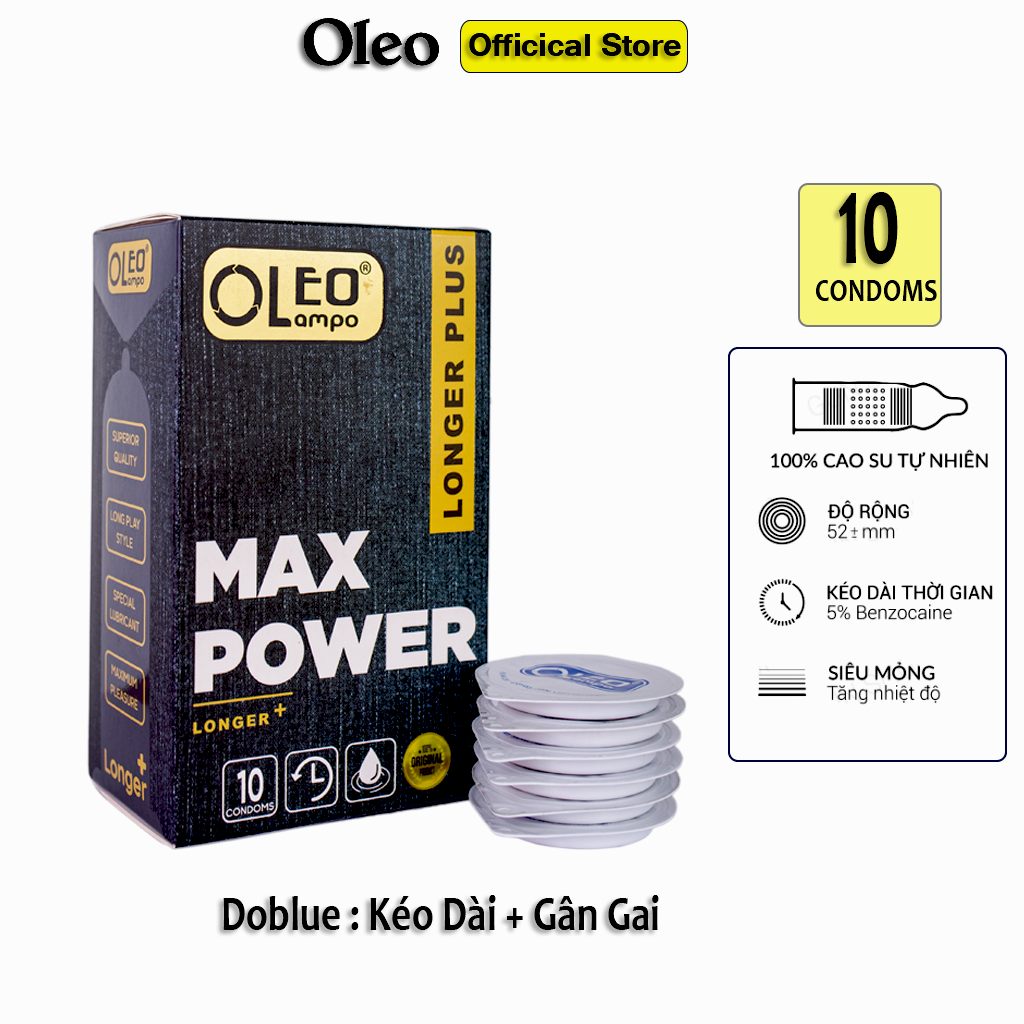 Bao cao su OleoLampo Maxpower 10 bao gân gai kéo dài, nhiều gel tăng cường cảm giác.