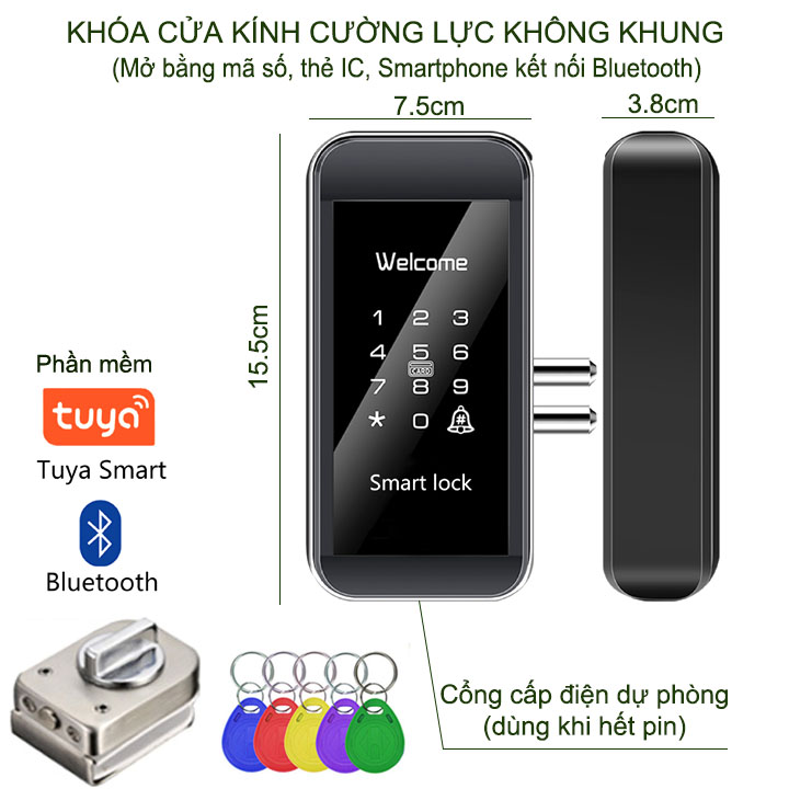 Khóa kỹ thuật số cho cửa kính cường lực không khung, mở bằng mã số, thẻ IC, App điện thoại kết nối Bluetooth