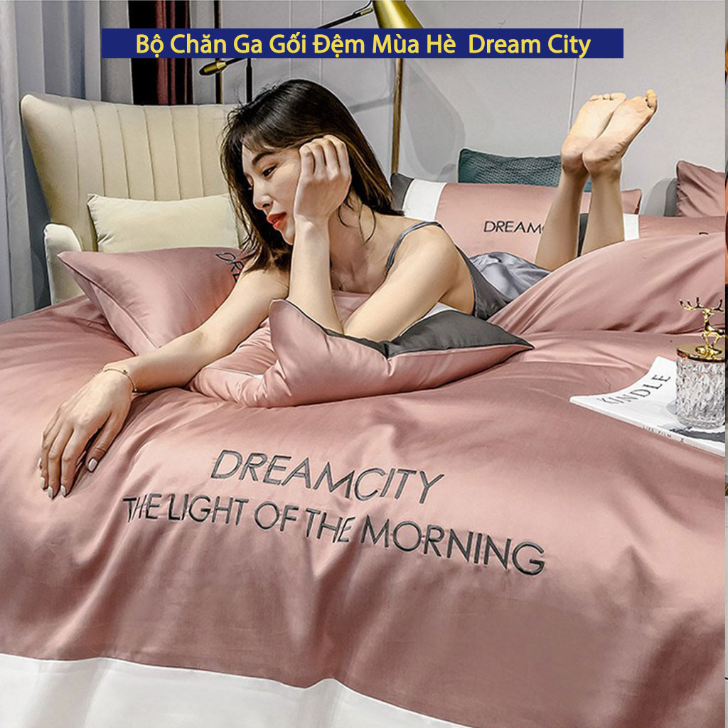 Bộ Chăn Ga Gối Đệm Mùa Hè Dream City Drap Giường Phi Bóng Cao Cấp Bo Chun Drap 