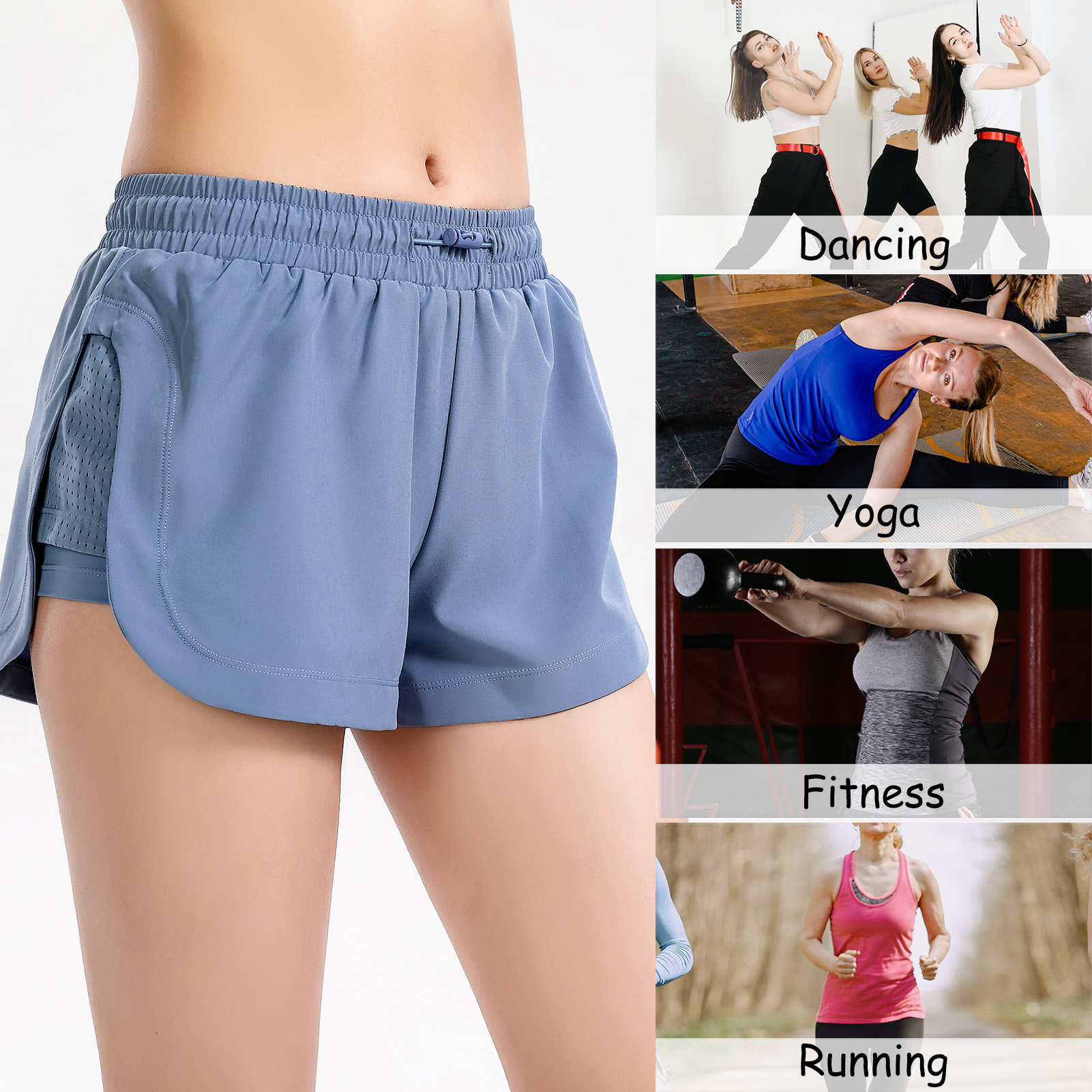 Quần short thể thao 2 lớp cho nữ chất liệu chinlon và vải thun, nhẹ và thoải mái, eo dây rút