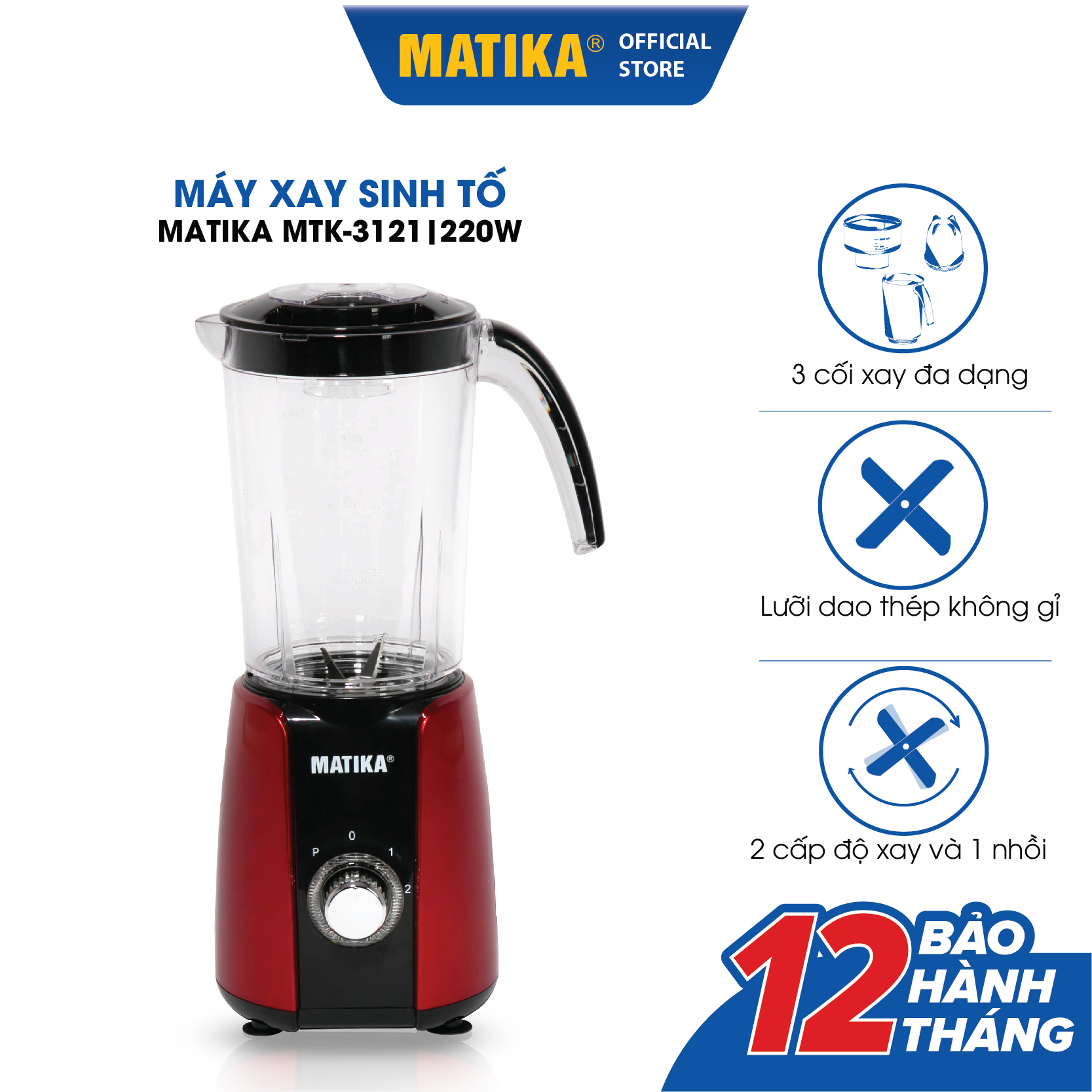 Máy Xay Sinh Tố Đa Năng MATIKA 3 Cối MTK-3121, Hàng Chính Hãng