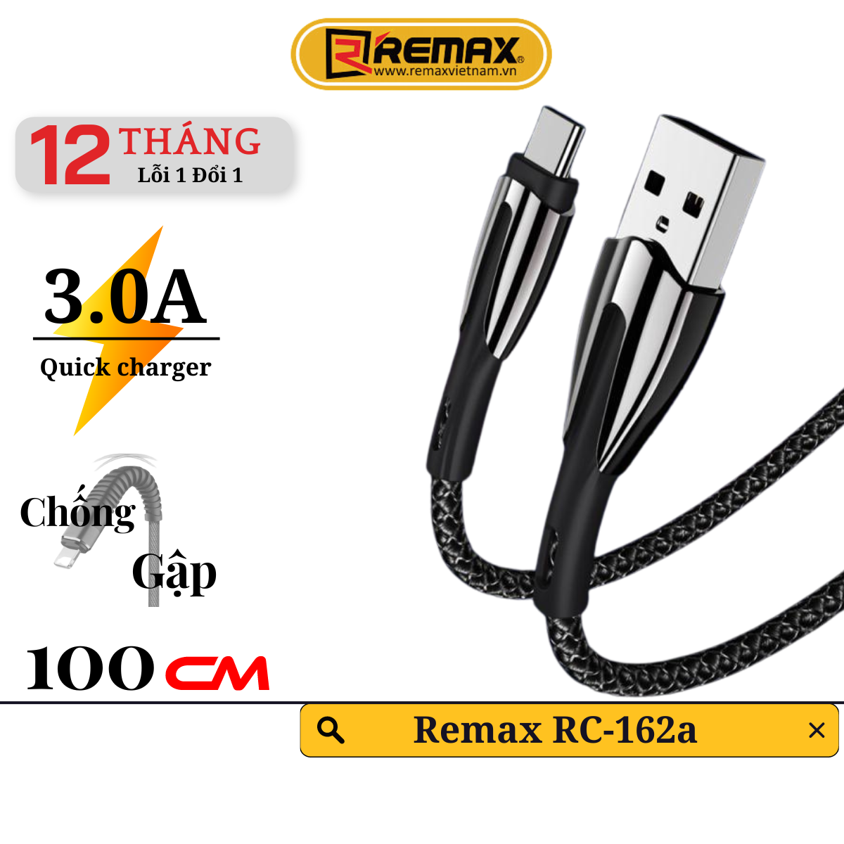 Cáp sạc nhanh truyền dữ liệu USB Type C 3.0A Remax RC-162a Dây Sạc nhanh Type C QC3.0 Cáp typec andoird - Hàng Chính Hãng Remax