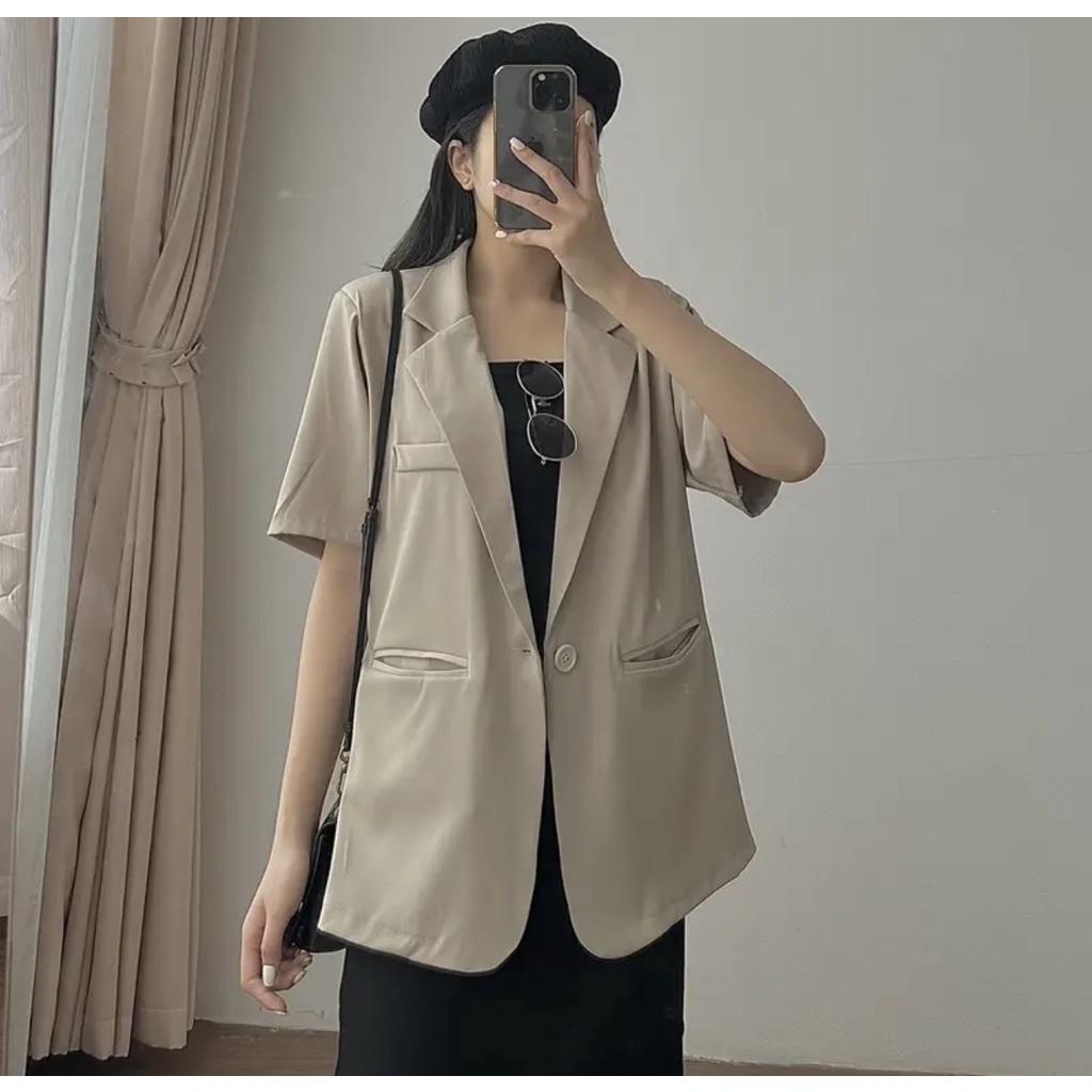 Áo blazer cộc tay EMIX, áo vest freesize dưới 58kg, hai cúc liên, chất trượt hàn