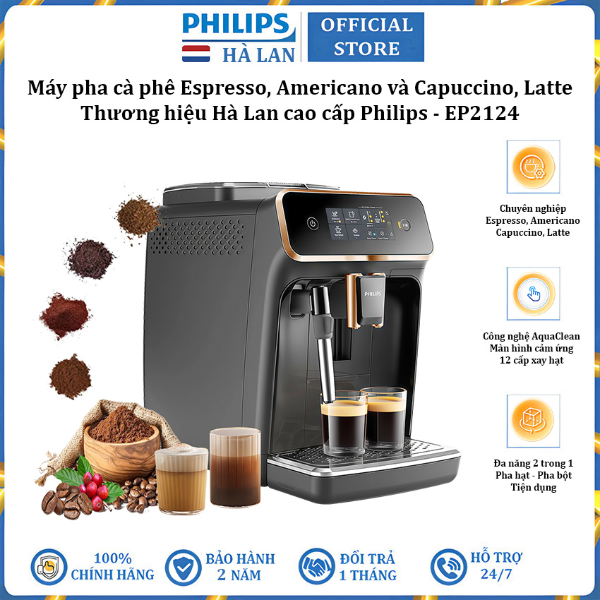 Máy pha cà phê Espresso, Americano tự động và Capuccino, Latte thương hiệu Philips EP2124/72 Serial 2200 - Hàng chính hãng