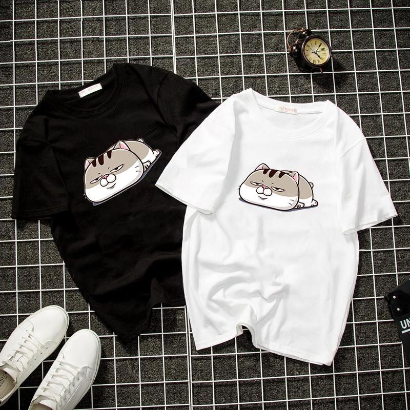 Áo thun unisex form rộng in mèo bụng bự chibi dễ thương vải dày mịn 2019T1102