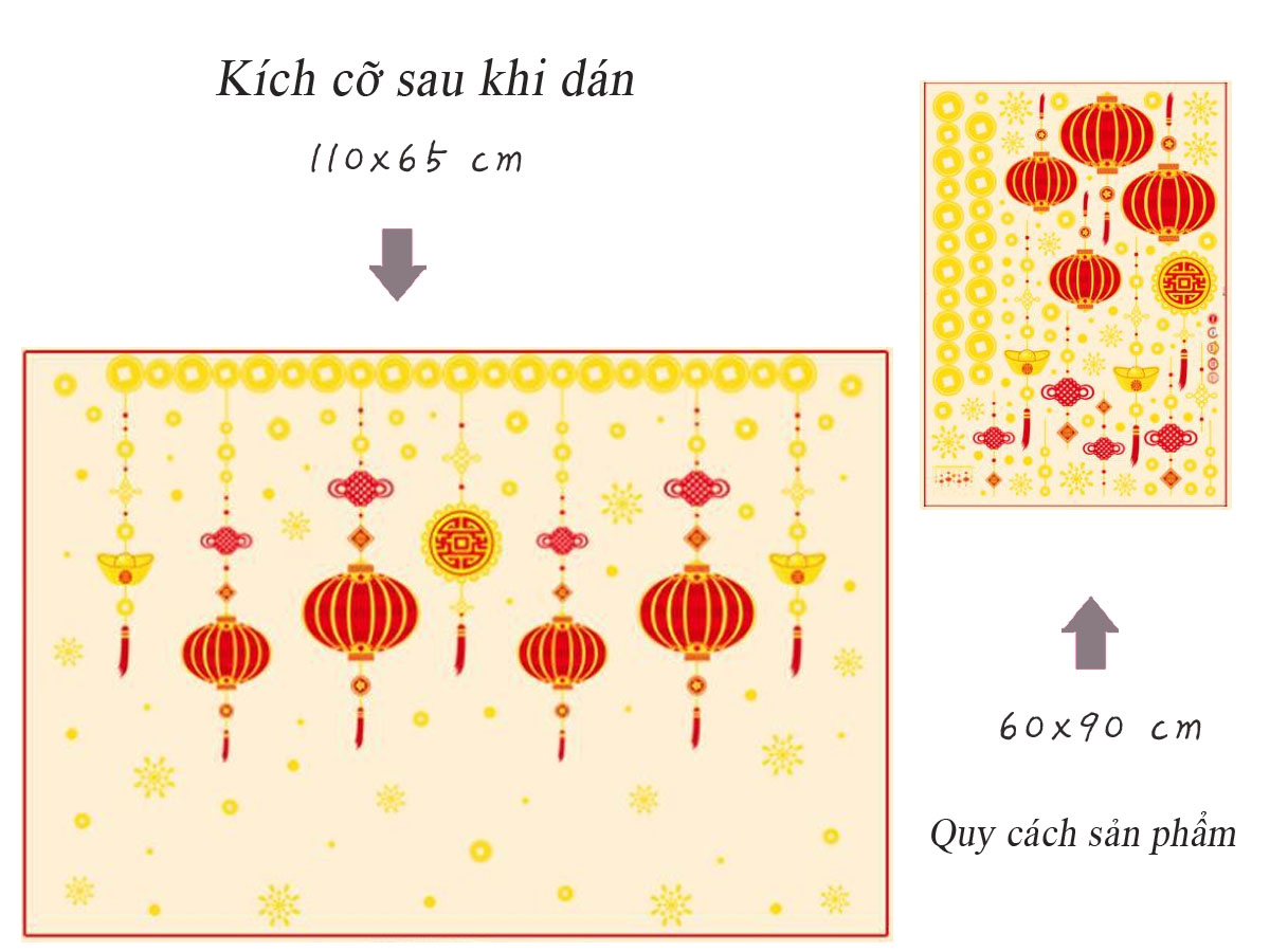 DECAL DÁN KÍNH TẾT ĐÈN LỒNG ĐỎ DÂY VÀNG