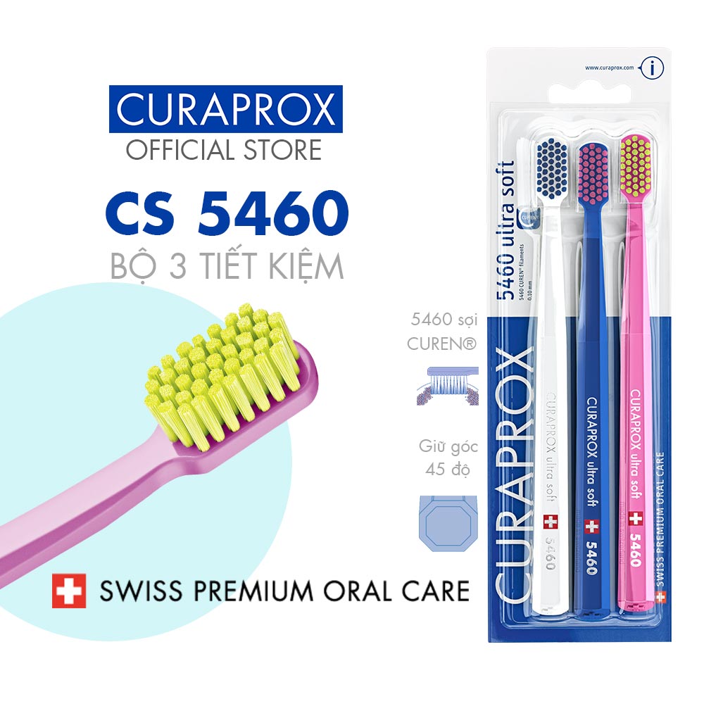 Bộ 3 bàn chải răng Curaprox CS 5460 Ultra Soft – Trắng-Xanh-Hồng