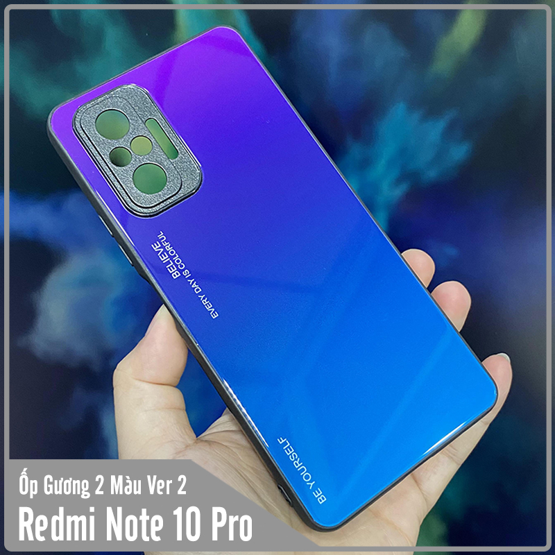 Ốp lưng cho Xiaomi Redmi Note 10 Pro gương cứng 2 màu Gradient Ver 2 , viền TPU dẻo đen