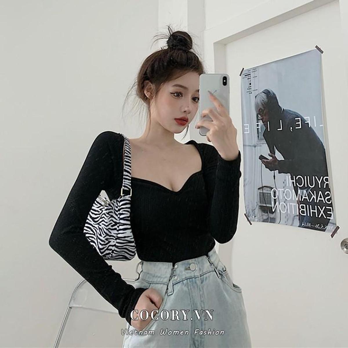 Áo Thun Dệt Kim Tay Dài Cổ Vuông Màu Trơn Phong Cách Vintage, Áo Thun Nữ Thời Trang Công Sở Đơn Giản