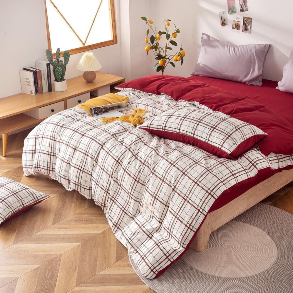 Bộ Chăn Ga Gối Cotton TC - Kẻ ô ga đỏ