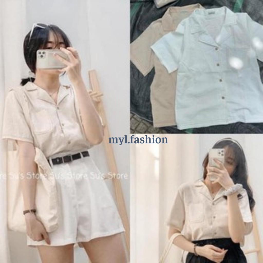 Áo sơ mi kiểu nữ cộc tay cổ vest viền chỉ freesize, Áo sơ mi nữ ngắn tay thô đũi - myl.fashion