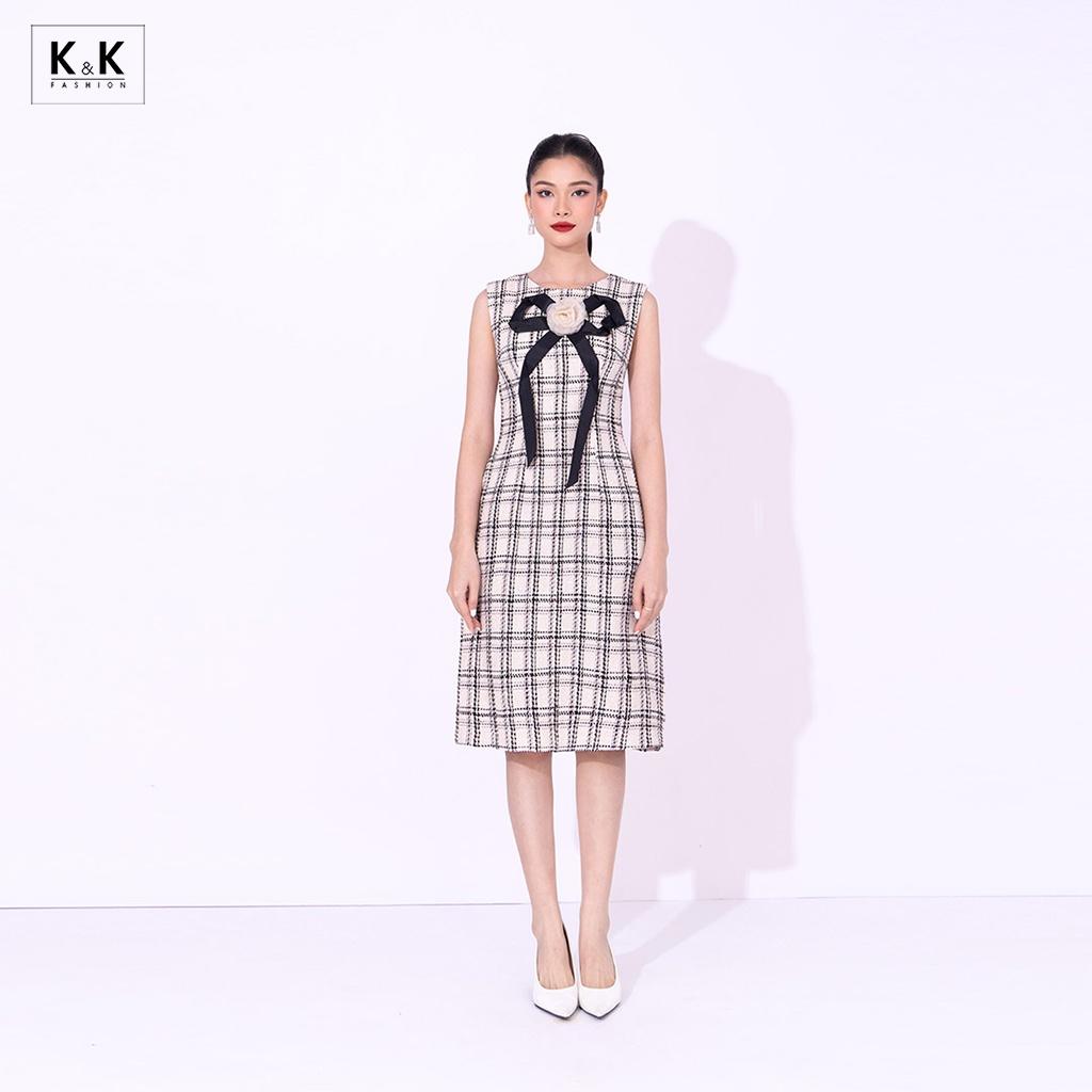 Đầm Dự Tiệc Caro Phối Hoa Nơ Ngực K&amp;K Fashion KK120-23 Chất Liệu Tweed Mỏng