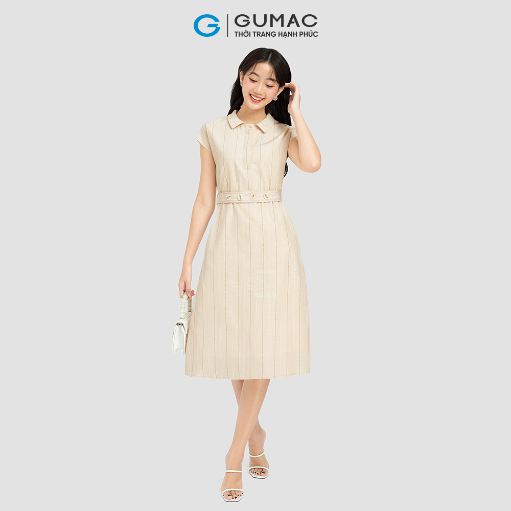 Đầm form suông tay liền GUMAC DC08067 cổ sơ mi 2 lớp vải sọc màu màu be xanh