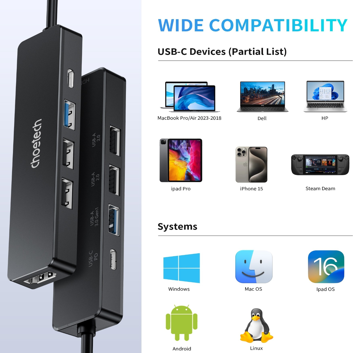 Hub chuyển đổi 5 in1 Choetech M80 (Type C to HDMI 4K30Hz + USBx 3 + PD100W) - Hàng chính hãng