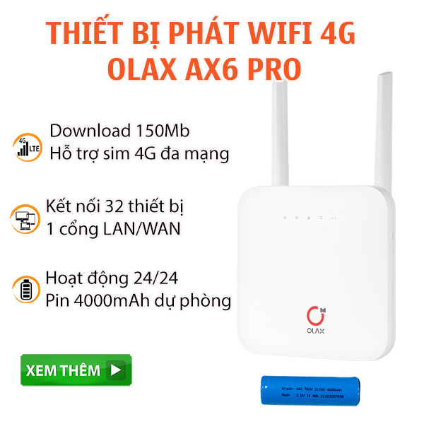 Bộ Phát Wifi Từ Sim 4G Chuyên Dụng Olax Ax6 Pro Tốc Độ 300Mb Cắm Điện 24/24 Có Hỗ Trợ Pin Dự Phòng Dùng 18 Giờ Khi Mất Điện, Hàng Nhập Khẩu