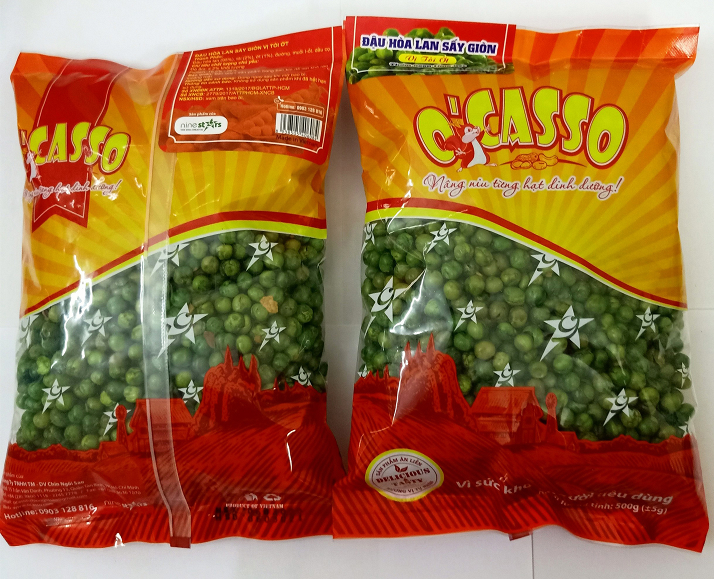 1kg Đậu Hòa Lan Sấy Giòn Vị Tỏi Ớt O'Casso 2 gói 500g