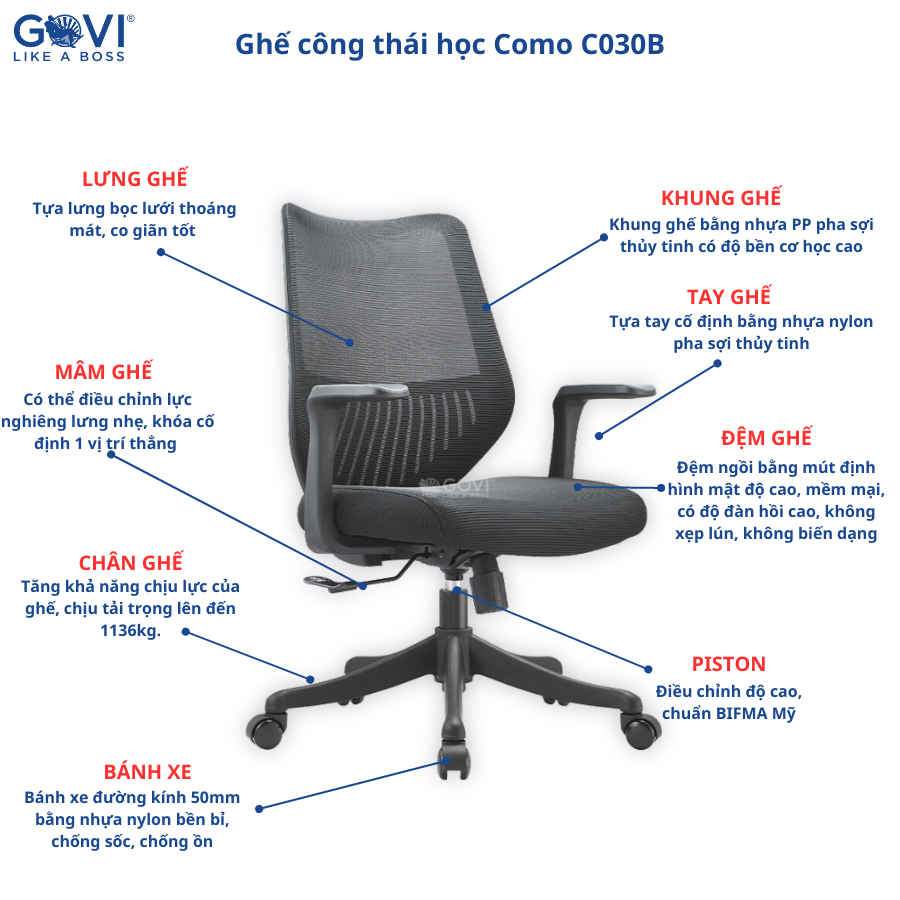 Ghế xoay văn phòng Côm C030B - Thiết kế tinh tế, khung ghế chắc chắn, đệm ngồi đàn hồi tốt, tựa tay cố định