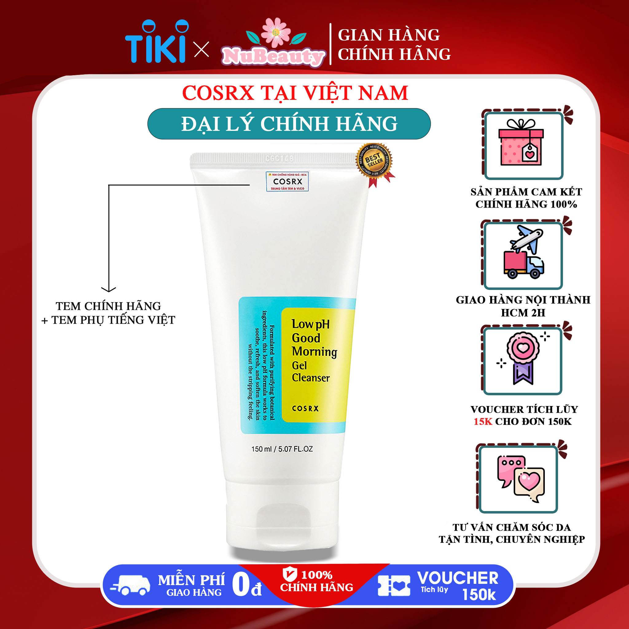 Sữa Rửa Mặt Cosrx Low pH Good Morning Gel Cleanser 150ml dịu nhẹ tràm trà 0.5% BHA