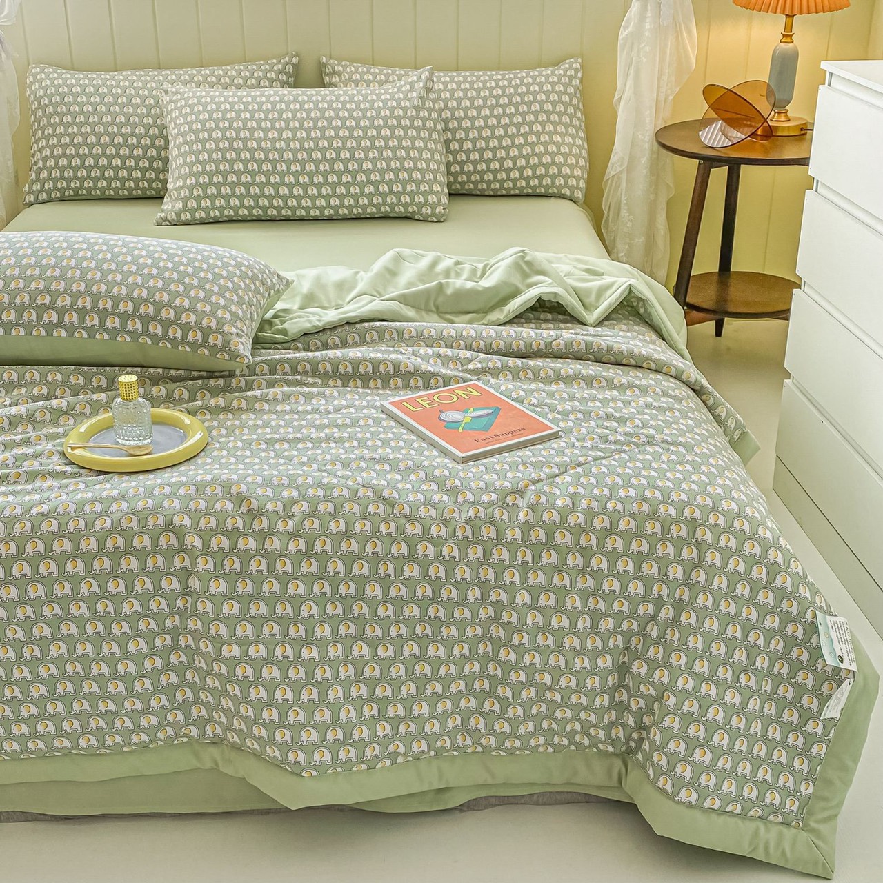Bộ 5 món chăn chần bông cotton đũi LIDACO họa tiết vintage phù hợp với mọi cỡ nệm