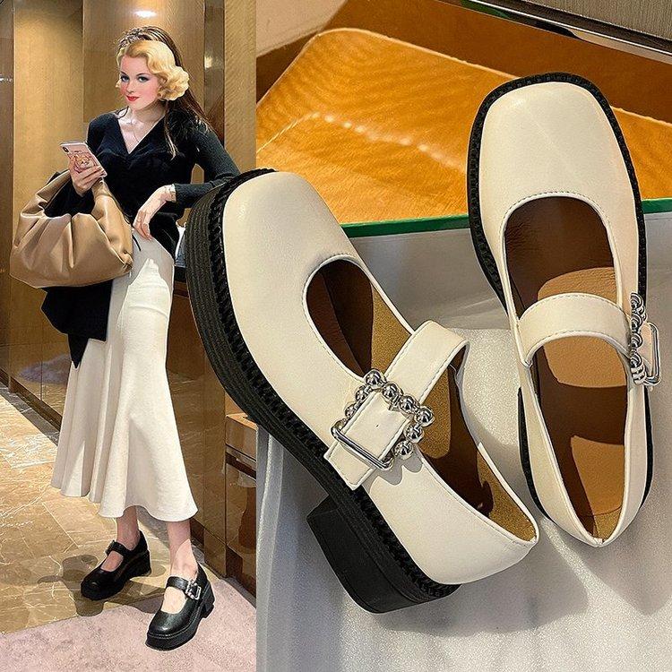 Giày Búp Bê Gót Cao Mũi Tròn Màu Trơn Phối Khóa Xinh Xắn Thời Trang Cho Phụ Nữ