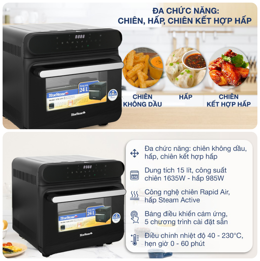 Nồi Chiên Hấp Đa Năng Bluestone AFB-5895, 24Lit- 2600W, Hấp Chiên 2in1, Hàng Chính Hãng