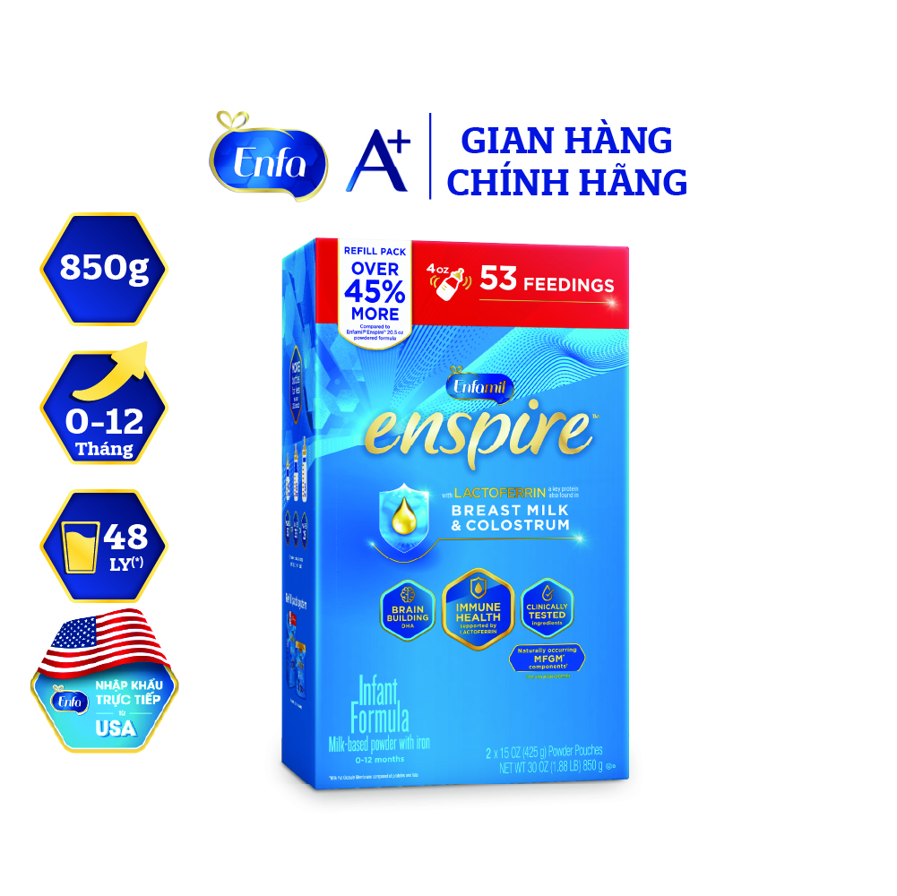 Sữa Bột Enfamil Enspire Infant Formula (Dành Cho Trẻ 0 - 12 Tháng Tuổi) (Hộp Giấy BIB 850gr)