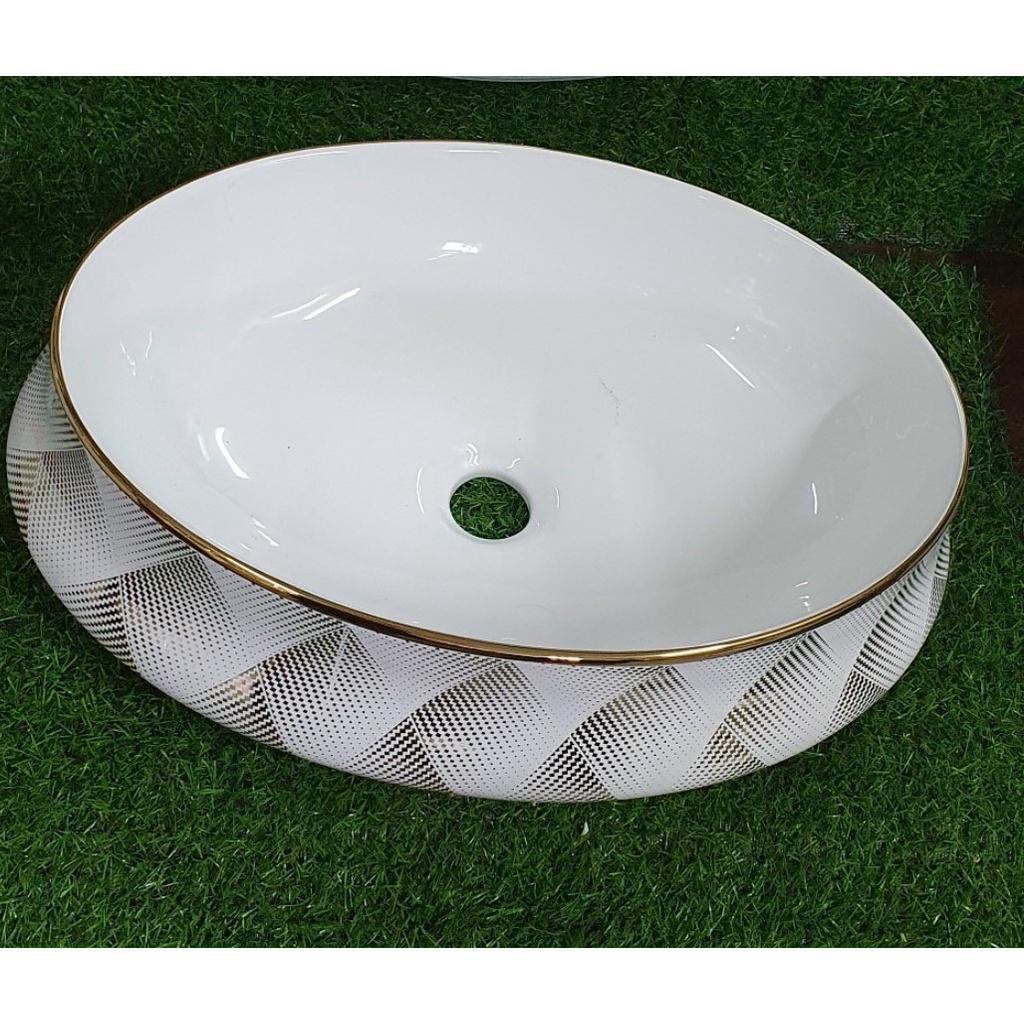 Lavabo đặt bàn hình tròn màu trắng họa tiết vàng
