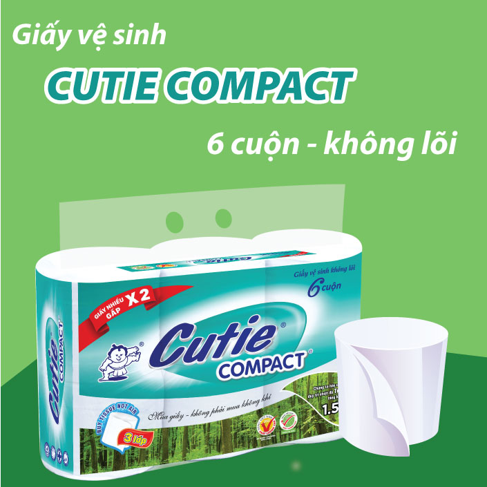 Giấy vệ sinh tái chế Cutie Compact không lõi, 3 lớp không chất tẩy trắng lốc 6 cuộn