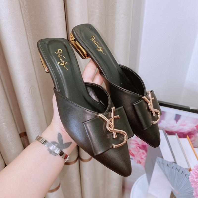 Sục nữ, giày sục nữ khóa thắt nịt mũi nhọn khóa bảng ys gót vuông mạ vàng cao 2p màu đen và trắng size từ 35 đến 39