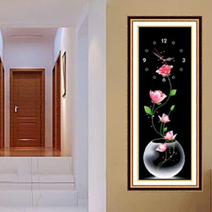 Tranh thêu bình hoa hồng đồng hồ A1019 - kích thước: 40 * 100cm.