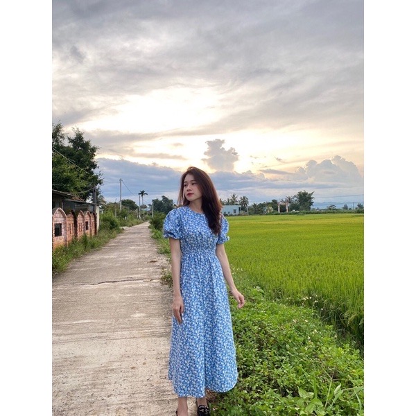 Đầm hoa nhí tay phồng bo eo co dãn