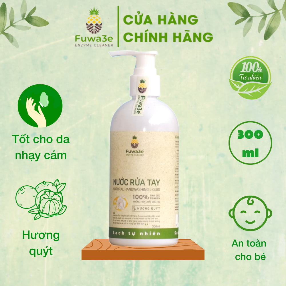 Nước rửa tay hữu cơ Fuwa3e mùi tinh dầu quýt từ chế phẩm Enzyme sinh học 300ml