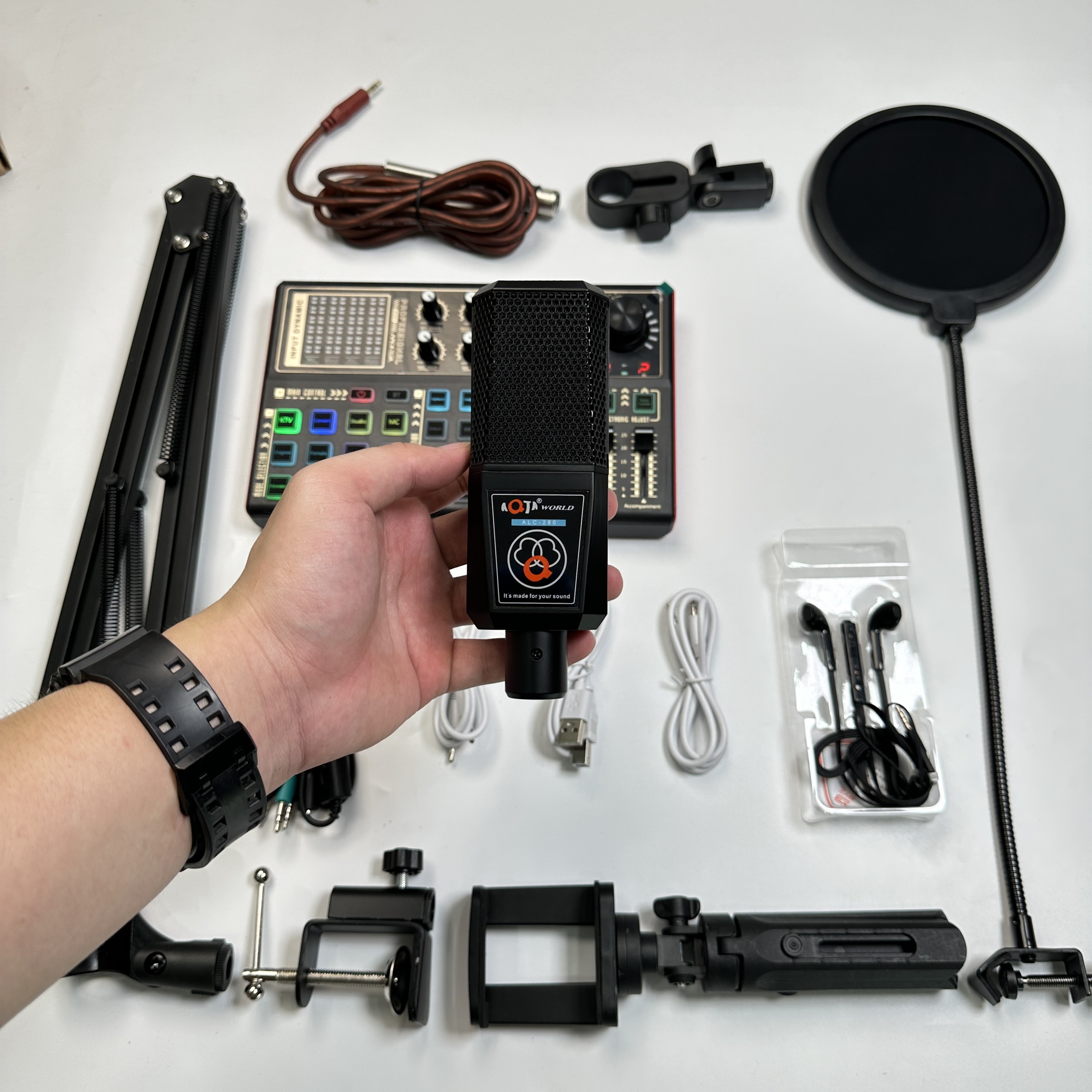 Combo Livestream Thu Âm Mic ALC 280 Sound Card K300 Bluetooth autotune Chân Kẹp Mic Tai nghe chụp