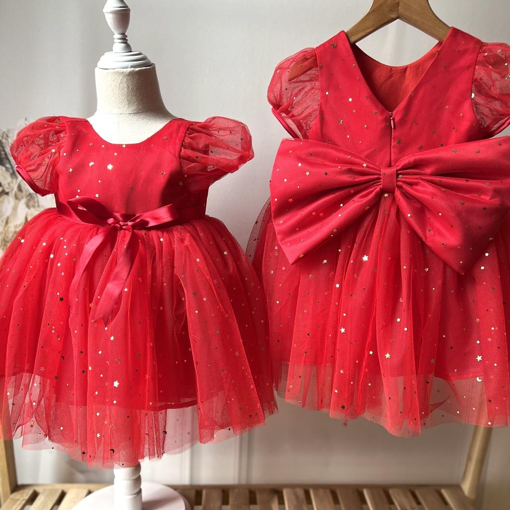 Váy công chúa, đầm công chúa cho bé gái thiết kế cho bé gái từ 1 đến 10 tuổi màu đỏ thắt nơ duy băng cực xinh