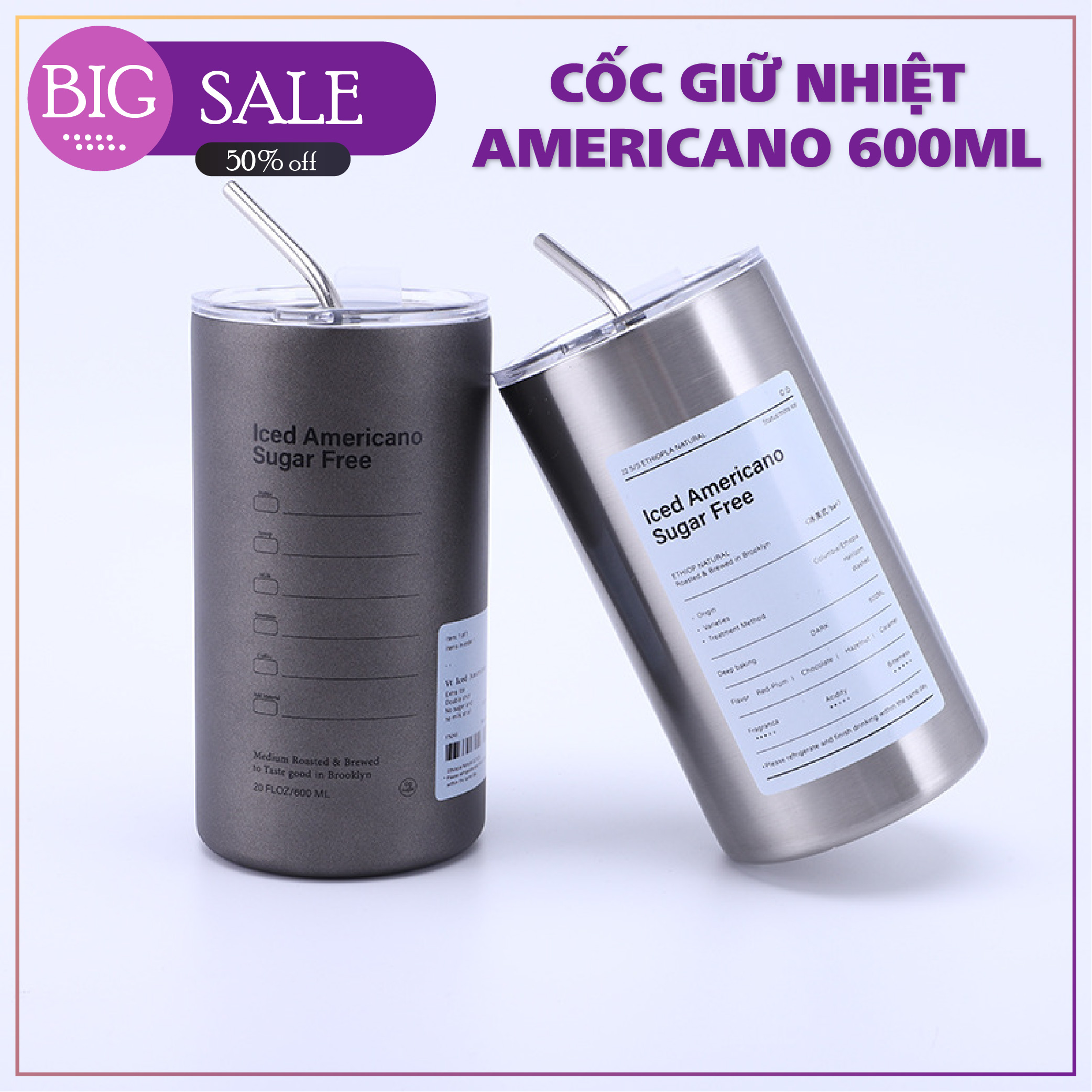 Ly giữ nhiệt inox Americano 600ml chuẩn 304 cao cấp, cốc giữ nhiệt uống cafe, trà sữa tặng kèm ống hút G428-LyGN600A