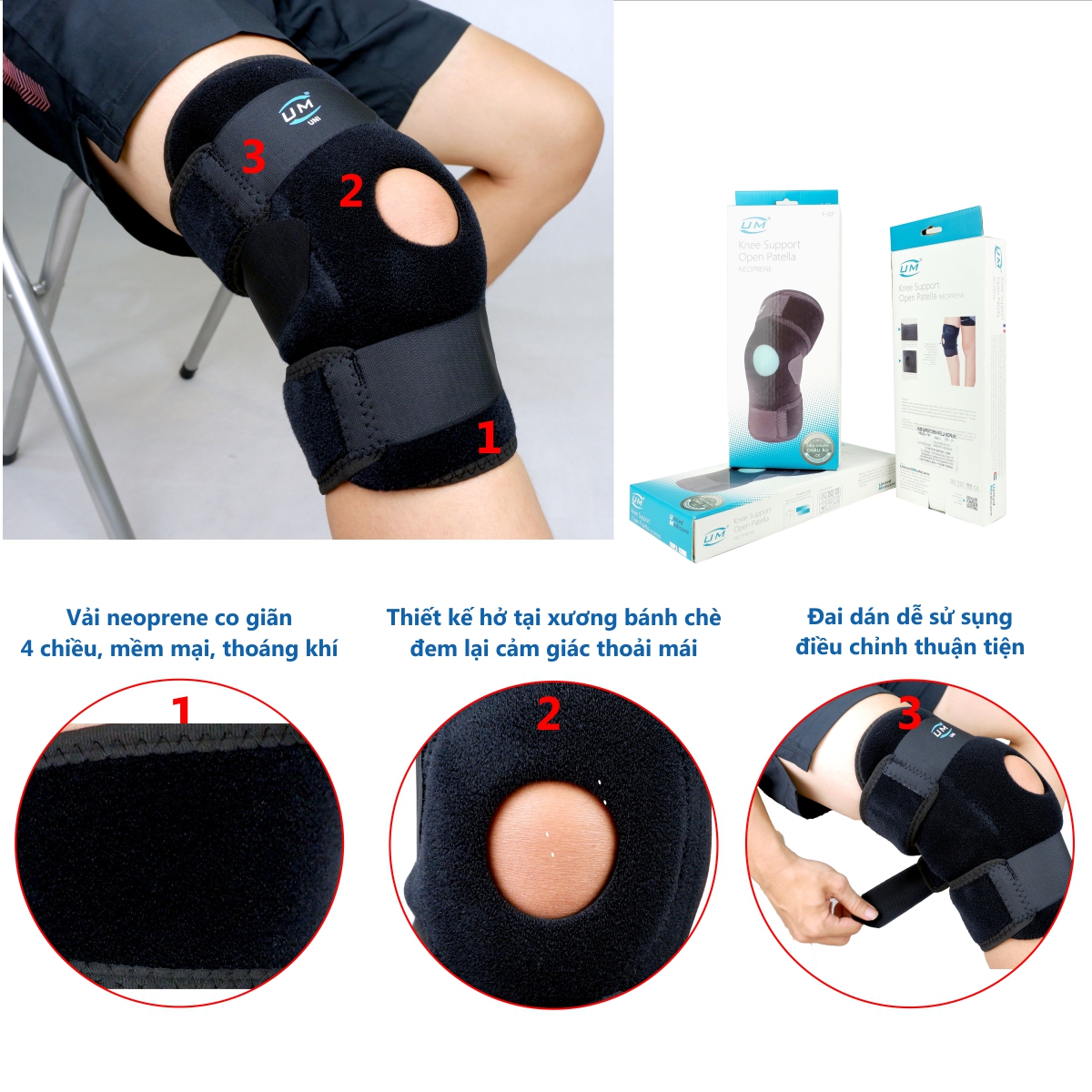 Bó gối đai dán không nẹp neoprene United Medicare (F07)