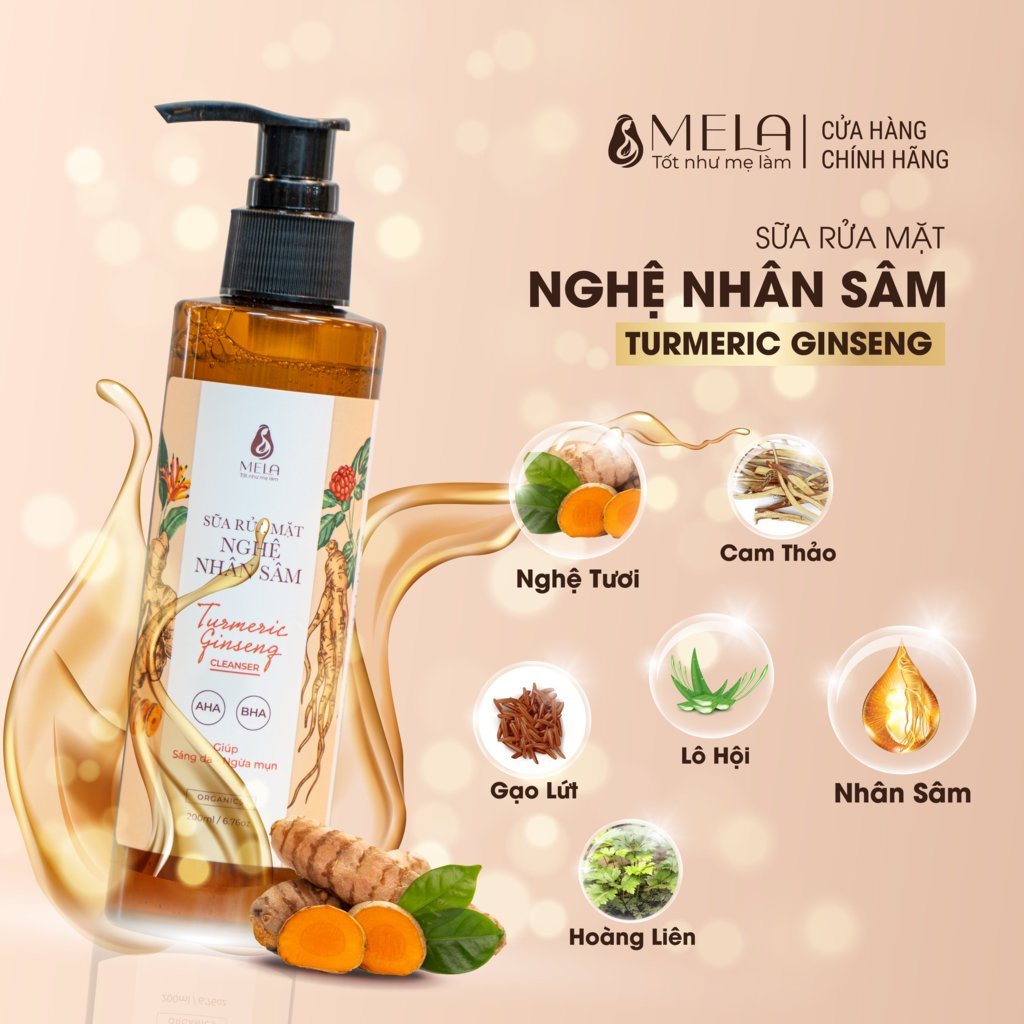 Sữa Rửa Mặt Nghệ Nhân Sâm MELA Làm Sạch Dịu Nhẹ Giảm Mụn Trắng Da, Giảm Thâm Và Cân Bằng PH 200ml - ML08