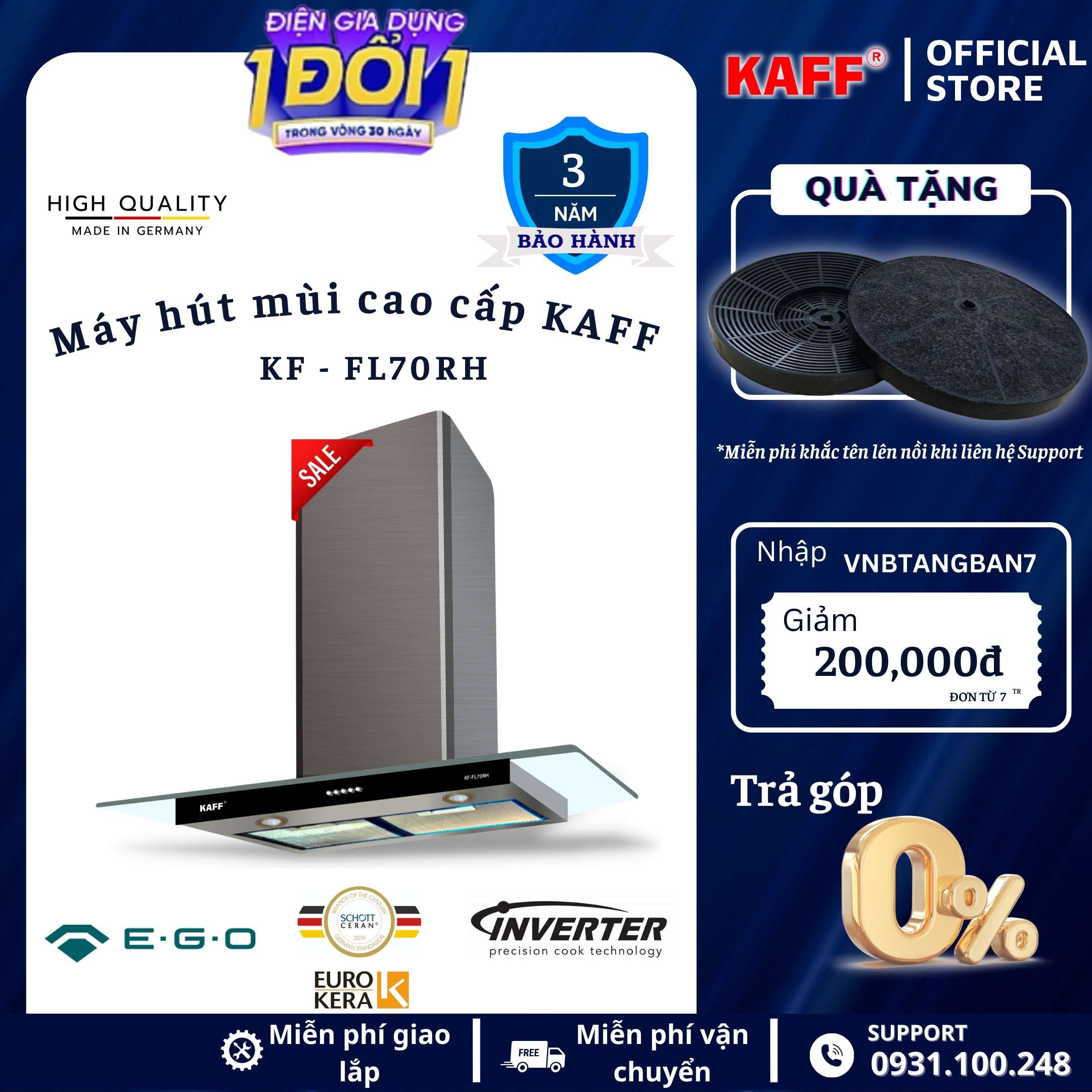 Máy hút mùi toa kính 700mm KAFF KF_FL70RH Tặng bộ lọc than thay thế _ Hàng Chính Hãng