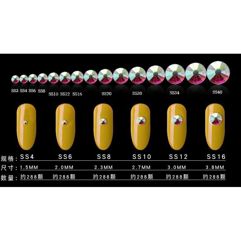 Khay nail 12 ô, phụ kiện trang trí móng tay, đá nail AB, đá chân bạc (1440 viện đá mix size/set) phụ kiện nail hot 2020