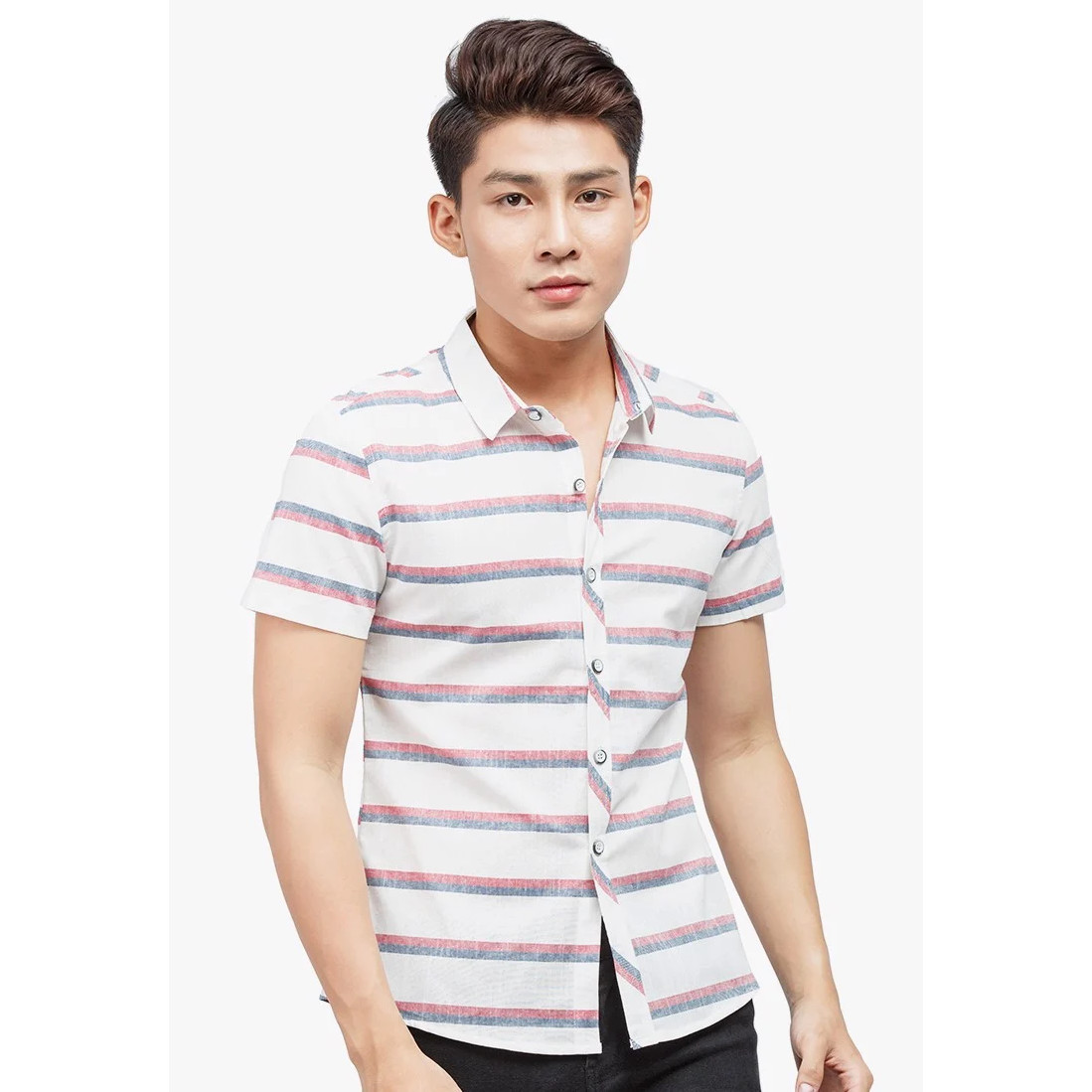 Áo sơ mi Titishop SM468 tay ngắn phối sọc ngang màu đỏ