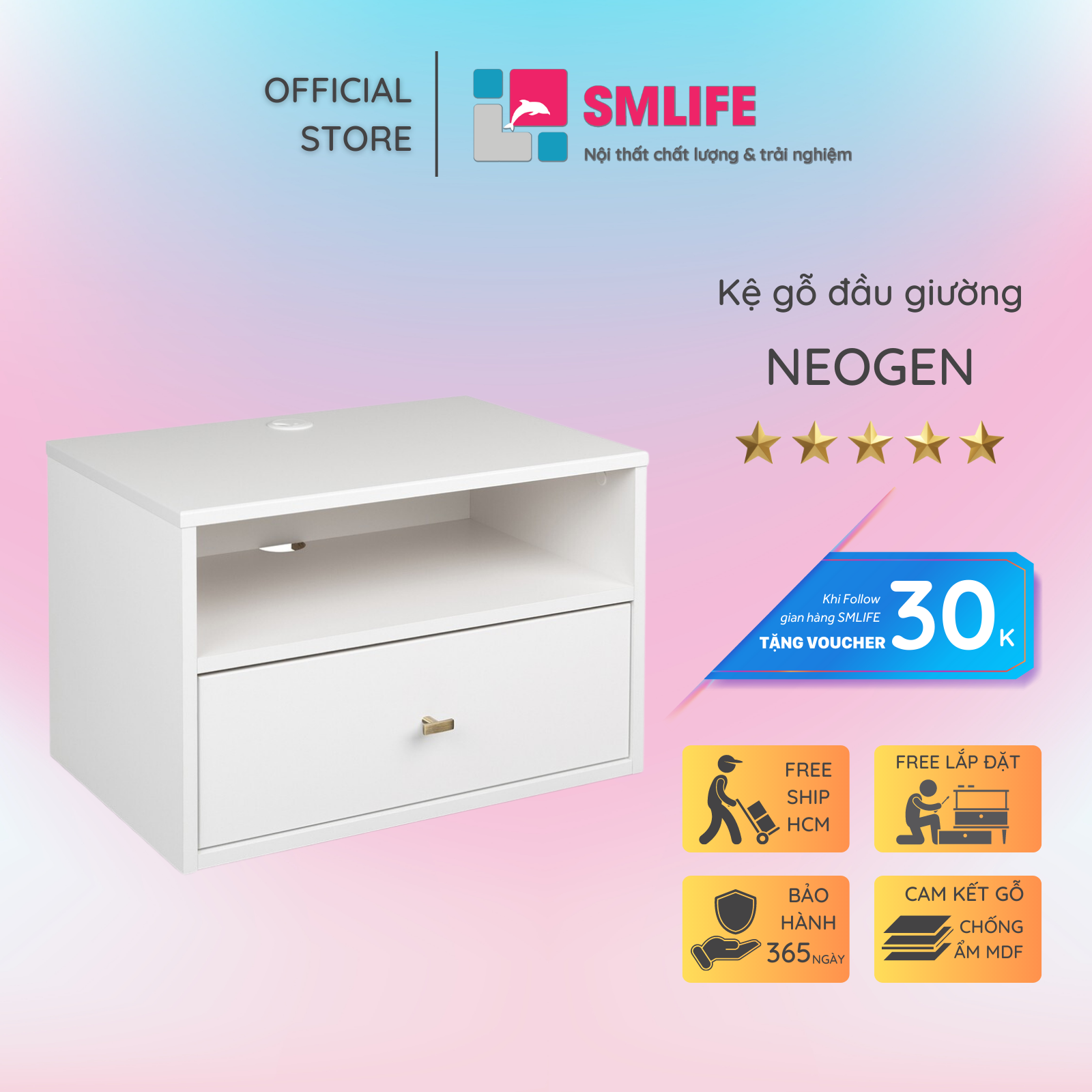 Kệ gỗ đầu giường hiện đại SMLIFE Neogen | Gỗ MDF dày 17mm chống ẩm | D58xR38xC36cm